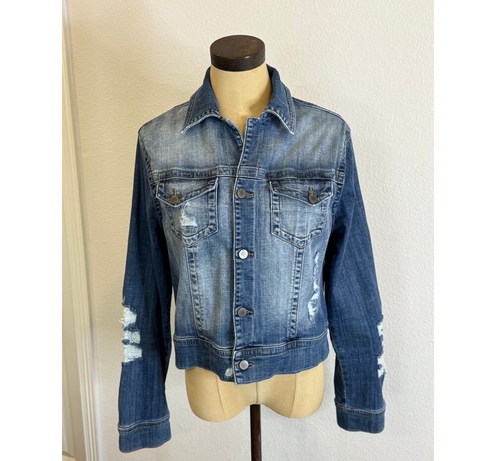 Fade to Blue Denim Distressed Jean Jacket Top Blue Medium Wash Women size L